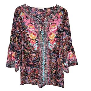 Good Juju Boho Paisley Floral Embroidered Bell Sleeve Tunic Top Womens L